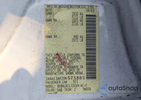 2013 Nissan Altima 2.5 Sl z USA, uszkodzony, nr VIN 1N4AL3AP2DN575885